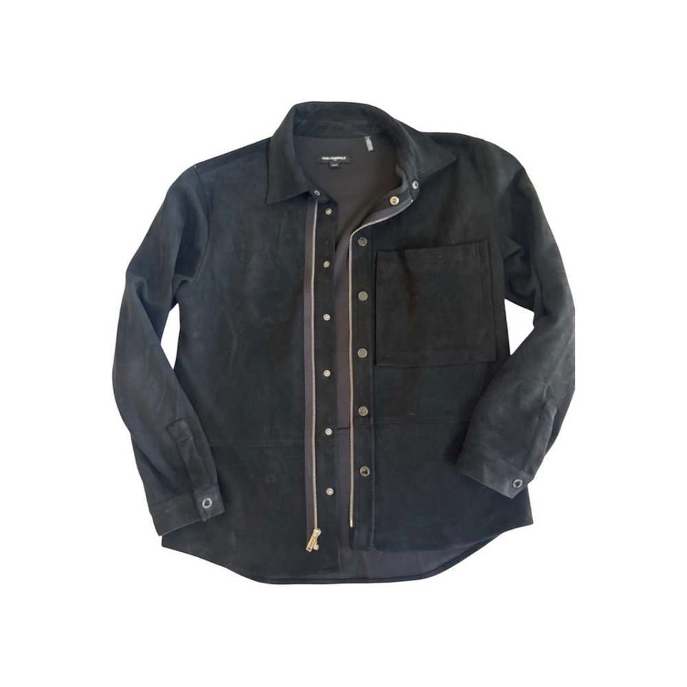 Karl Lagerfeld Paris Mens Black Faux Suede Zip Snap Front Shirt Jacket Medium